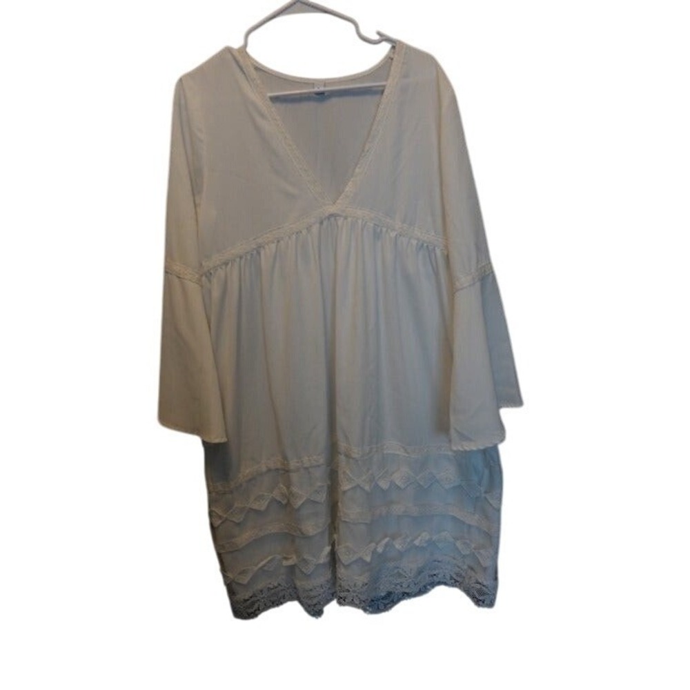 White Lace Trim Bell Sleeve Babydoll Tunic Dress Size L Bohemian Fairy